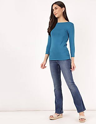 Cotton Mix Plain Slim Flared Jeans