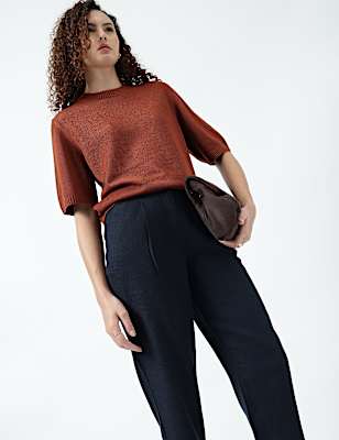 Linen Rich Pleat Front Cropped Trousers