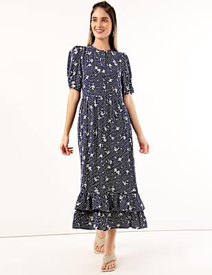 Pure Viscose Floral Round Neck Dress