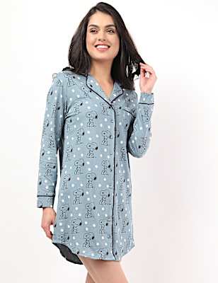 Pure Cotton Printed Notch Lapel Collar Sleepshirt