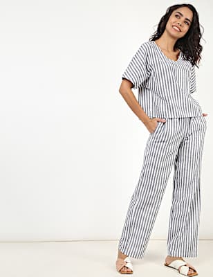 Flax Mix Striped V Neck Nightdress Set