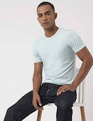 Cotton Blend Round Neck Solid T-Shirt