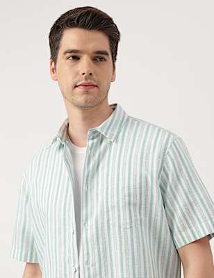 Linen Blend Leaves Spread Collar Shirt