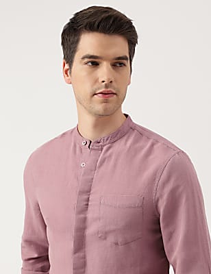 Linen Blend Solid Mandarin Neck Shirt