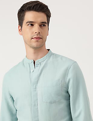Linen Blend Solid Mandarin Neck Shirt