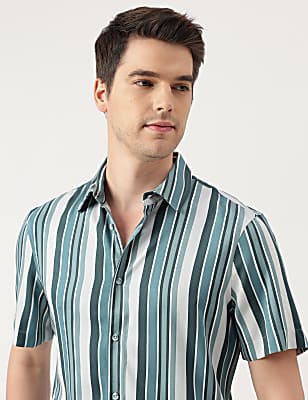 Pure Viscose Stripes Spread Collar Shirt