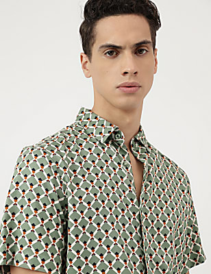 Pure Viscose Geometric Spread Collar Shirt