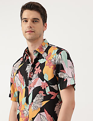 Viscose Leaves Print Spread Collar Shirt
