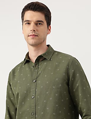 Linen Blend Printed Spread Collar Shirt