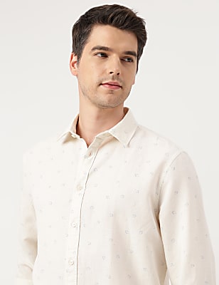 Linen Blend Printed Spread Collar Shirt