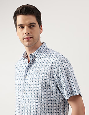 Linen Blend Printed Spread Collar Shirt