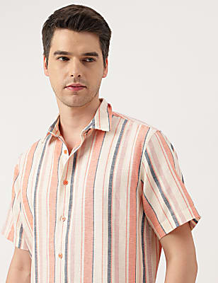 Linen Blend Striped Spread Collar Shirt