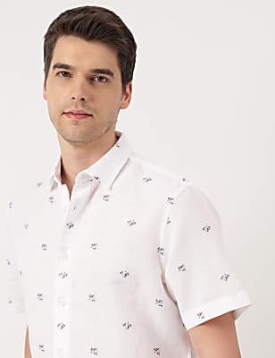 Linen Blend Floral Spread Collar Shirt