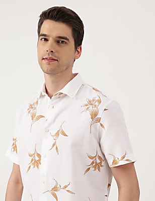 Linen Blend Floral Spread Collar Shirt