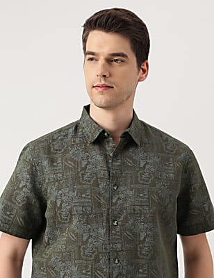 Linen Blend Printed Spread Collar Shirt