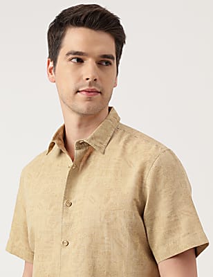Linen Blend Printed Spread Collar Shirt
