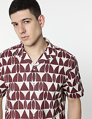 Relaxed Fit Linen Mix Geometric Print Shirt