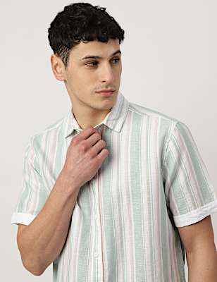 Linen Blend Striped Spread Collar Shirt