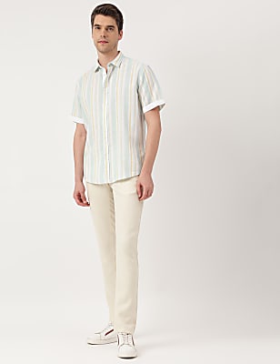 Linen Blend Striped Spread Collar Shirt
