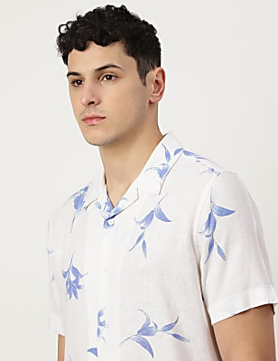 Linen Mix Printed Spread Collar Shirt