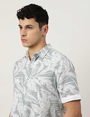 Linen Mix Printed Spread Collar Shirt