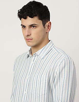 Linen Mix Striped Spread Collar Shirt