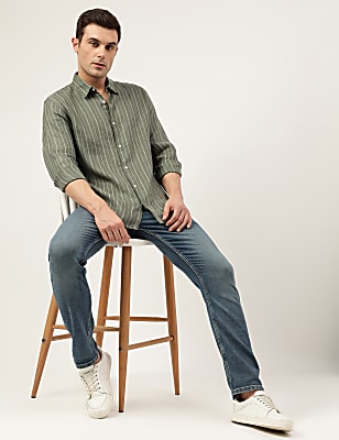 Relaxed Fit Pure Flax Stripes Spread Collar Shirt