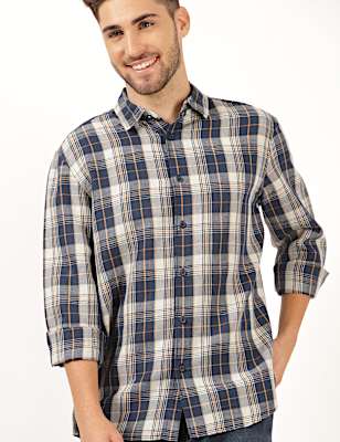 Linen Mix Checked Spread Collar Shirt