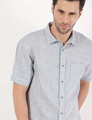 Pure Linen Striped Spread Collar Shirt