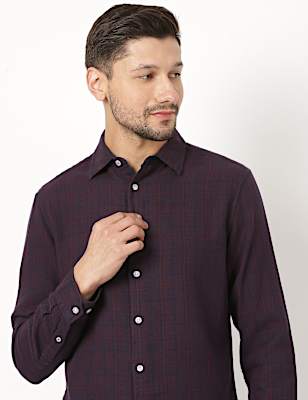Pure Cotton Checked Spread Collar Shirt