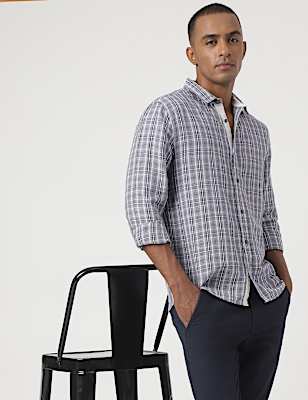 Linen Mix Checked Spread Collar Shirt