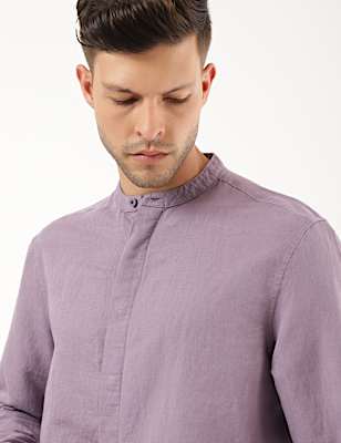 Linen Mix Plain Mandarin Collar Shirt
