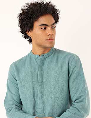 Linen Mix Plain Mandarin Collar Shirt