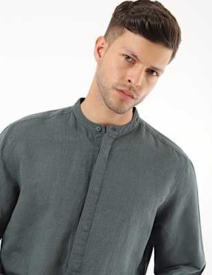 Linen Mix Plain Mandarin Collar Shirt