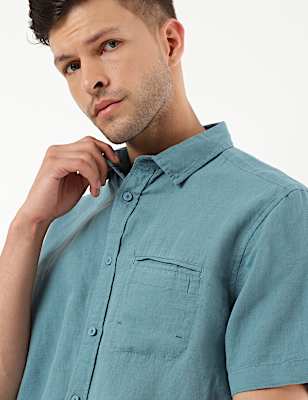 Linen Mix Plain Spread Collar Shirt