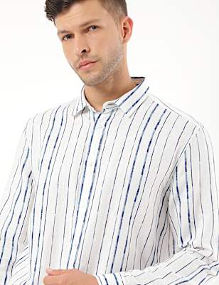 Linen Mix Striped Spread Collar Shirt