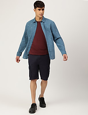 Linen Mix Printed Spread Collar Shirt