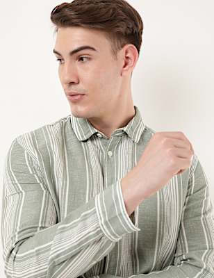 Linen Mix Striped Spread Collar Shirt