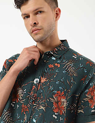 Linen Mix Floral Print Spread Collar Shirt