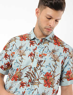 Linen Mix Floral Print Spread Collar Shirt