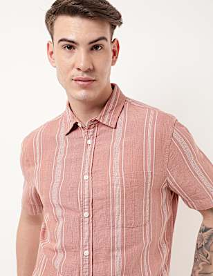 Linen Mix Striped Spread Collar Shirt