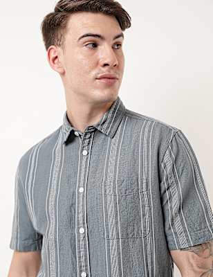 Linen Mix Striped Spread Collar Shirt