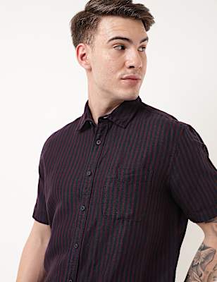 Linen Mix Striped Spread Collar Shirt