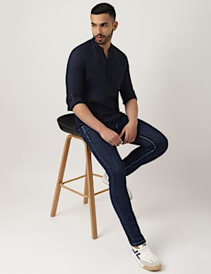 Linen Mix Plain Mandarin Collar Shirt