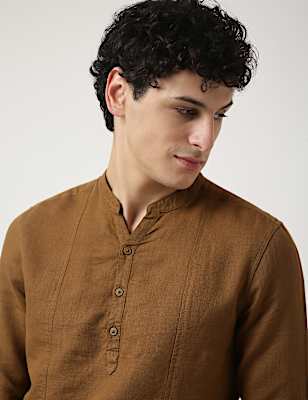 Linen Mix Plain Mandarin Collar Shirt