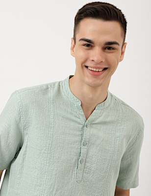 Linen Mix Plain Mandarin Collar Shirt