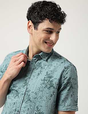 Linen Mix Floral Spread Collar Casual Shirt