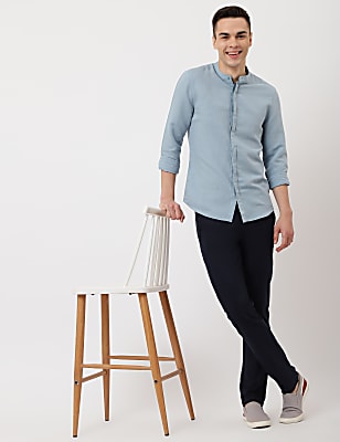 Linen Mix Plain Mandarin Collar Shirt