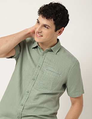 Pure Cotton Plain Spread Collar Shirt