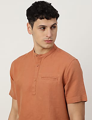 Linen Mix Plain Mandarin Collar Short Kurta